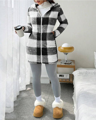 Women's Plaid Fleece Long Sleeve Hooded Coat