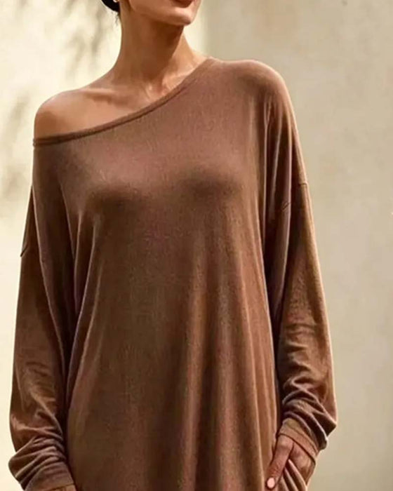 Asymmetric Off-Shoulder Long Sleeve Pocket Maxi Dress