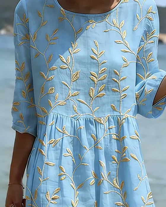 Crew Neck Embroidered Solid Casual Dress