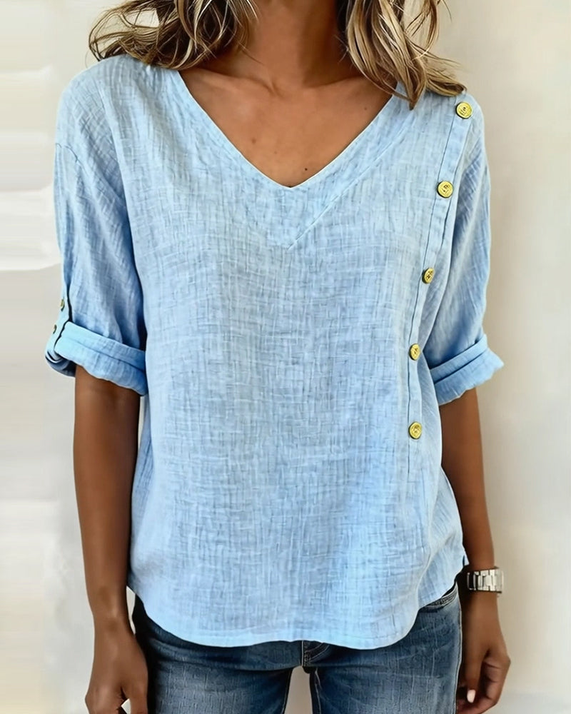 V-Neck Cotton And Linen Button-Down Top