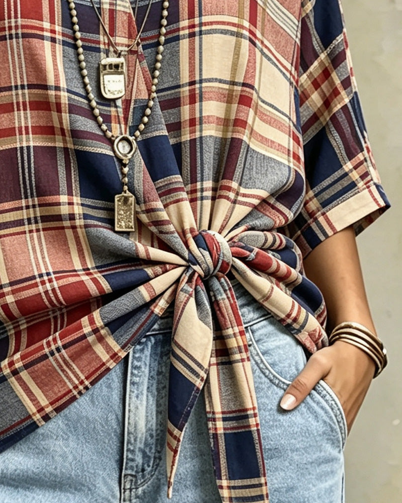 V-Neck Front Tie Plaid Three-Quarter Sleeve Blouse