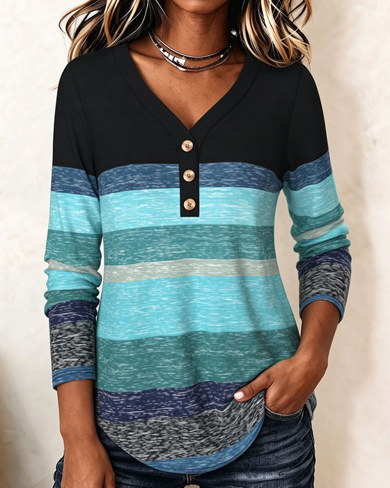V-Neck Button-Down Striped Contrast Top