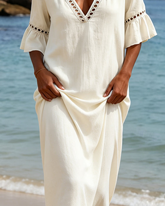 Deep V Ruffle Sleeve Hollow Lace Dress