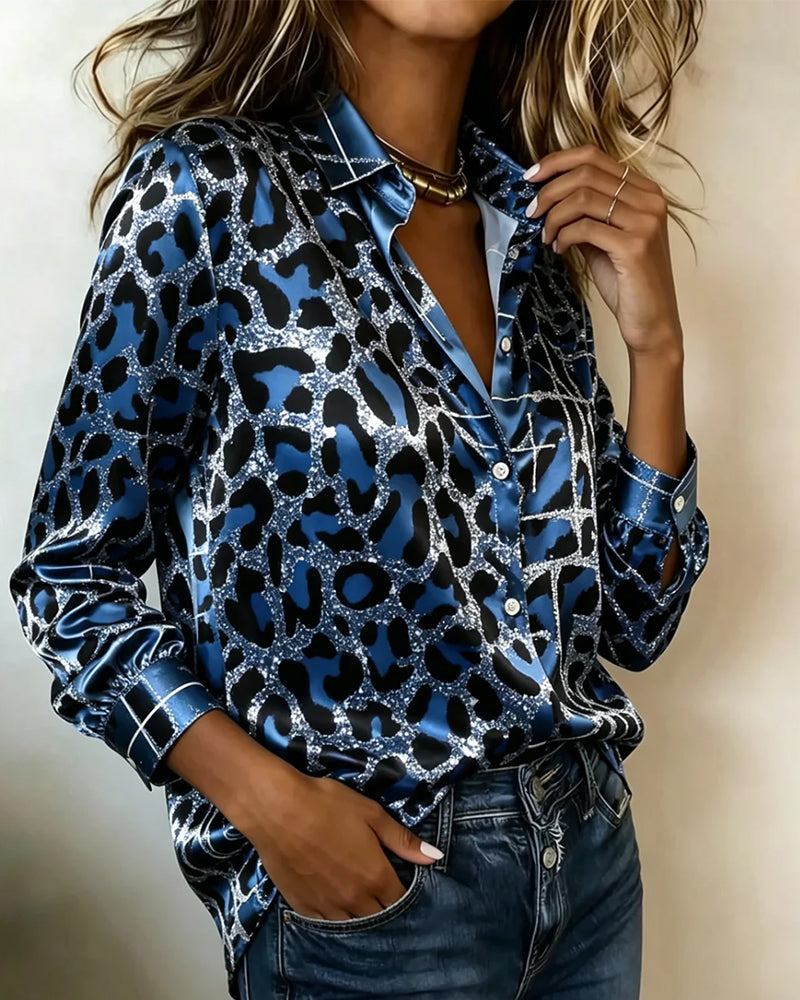 Leopard Print Color-Block Long Sleeve Shirt