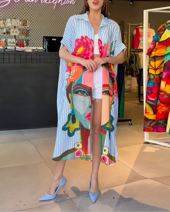 Vertical striped character print lapel slit blouse