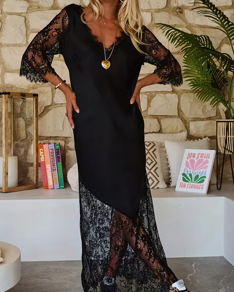 V-Neck Lace Paneled Elegant Dress