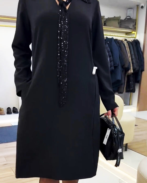 Long-Sleeved Collared Patchwork Dress