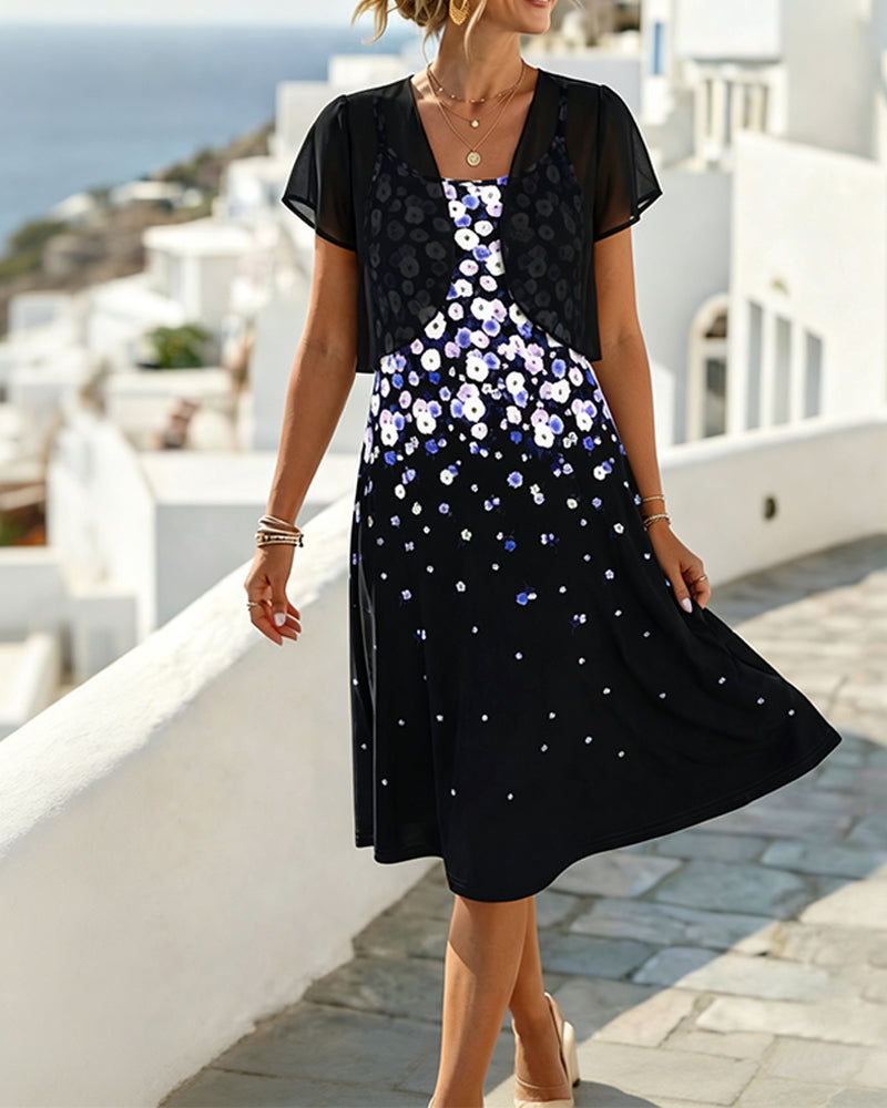 Gradient Floral Dress + Mesh Shawl Set
