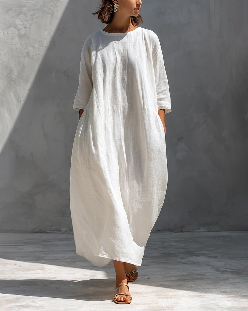 Half Sleeve Solid Color Loose Cotton Dress