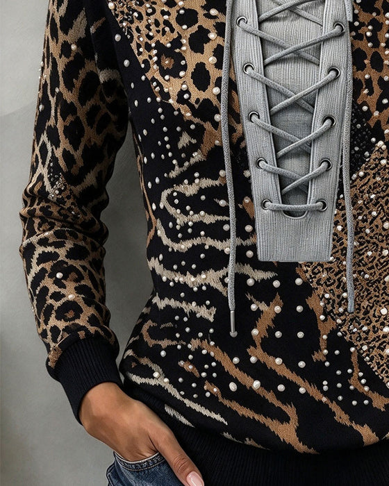 Tie Leopard Patchwork Fitted Sweatshirt