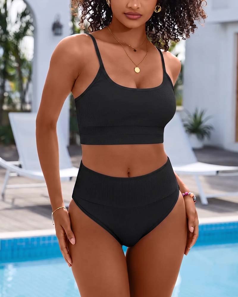 Solid U Neck High Waist Bikini