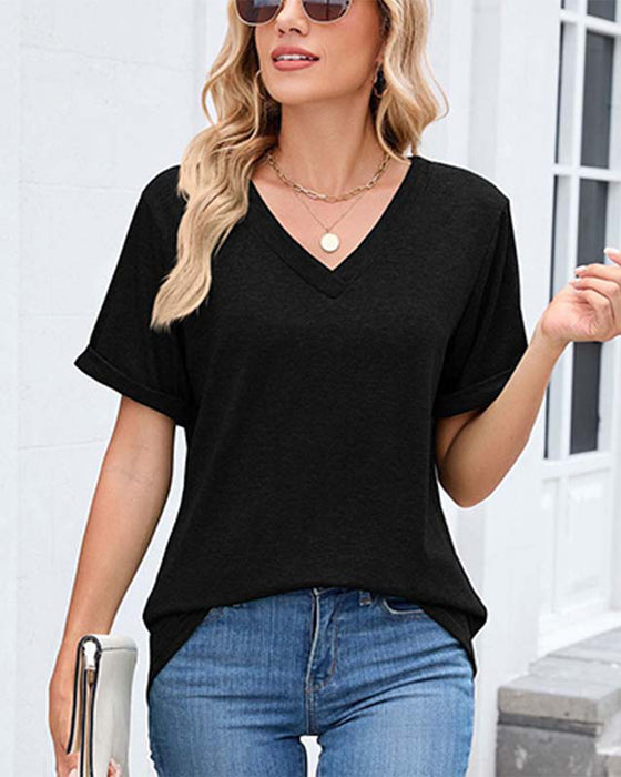 Solid V-Neck Casual Short Sleeve T-Shirt
