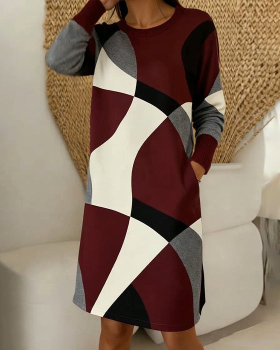Color-Blocked Fashionable Round Neck Dress