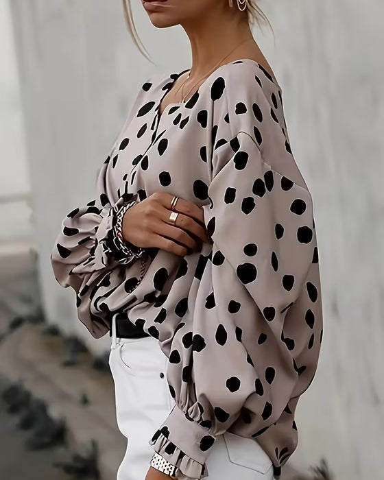V-Neck Polka-Dot Puff Sleeve Blouse