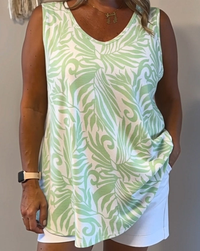 Loose-Fitting Plant-Print Tank Tops