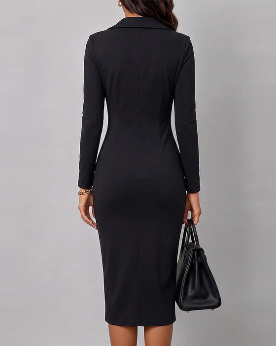 Lapel Diagonal Zip Slit Dress