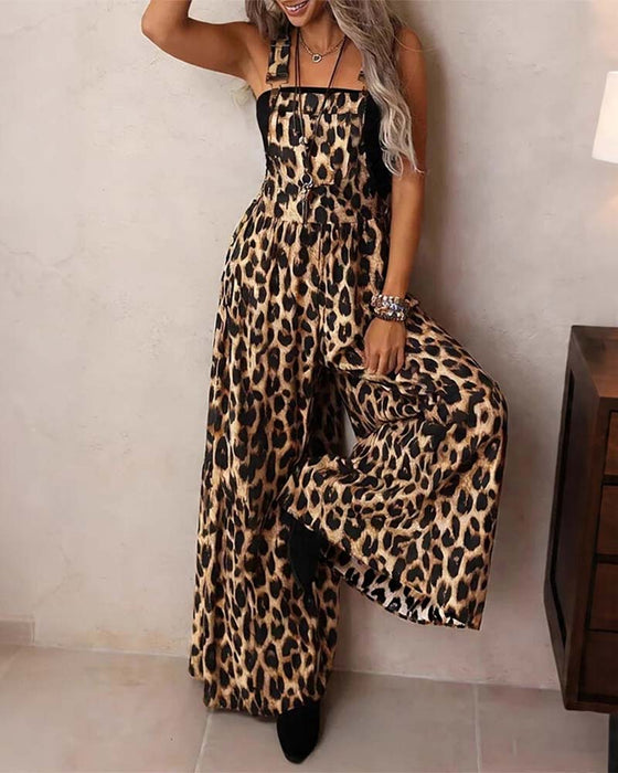 Leopard Print High-Waist Wide-Leg Strap Jumpsuit