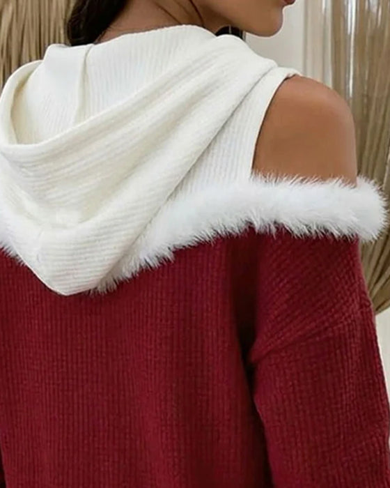 Off-the-Shoulder Faux Fur Trim Hoodie