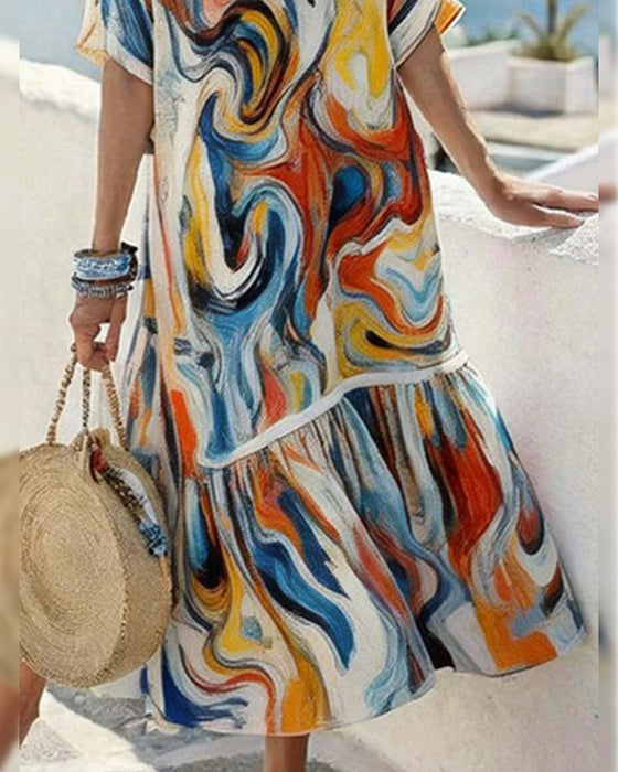 Crew Neck Oil Painting Print Dress