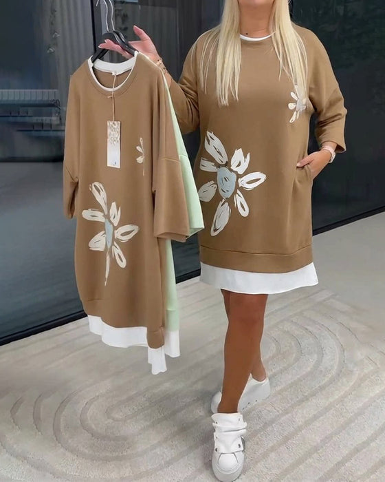 Crew Neck Printed Patchwork Sweatshirt Dress