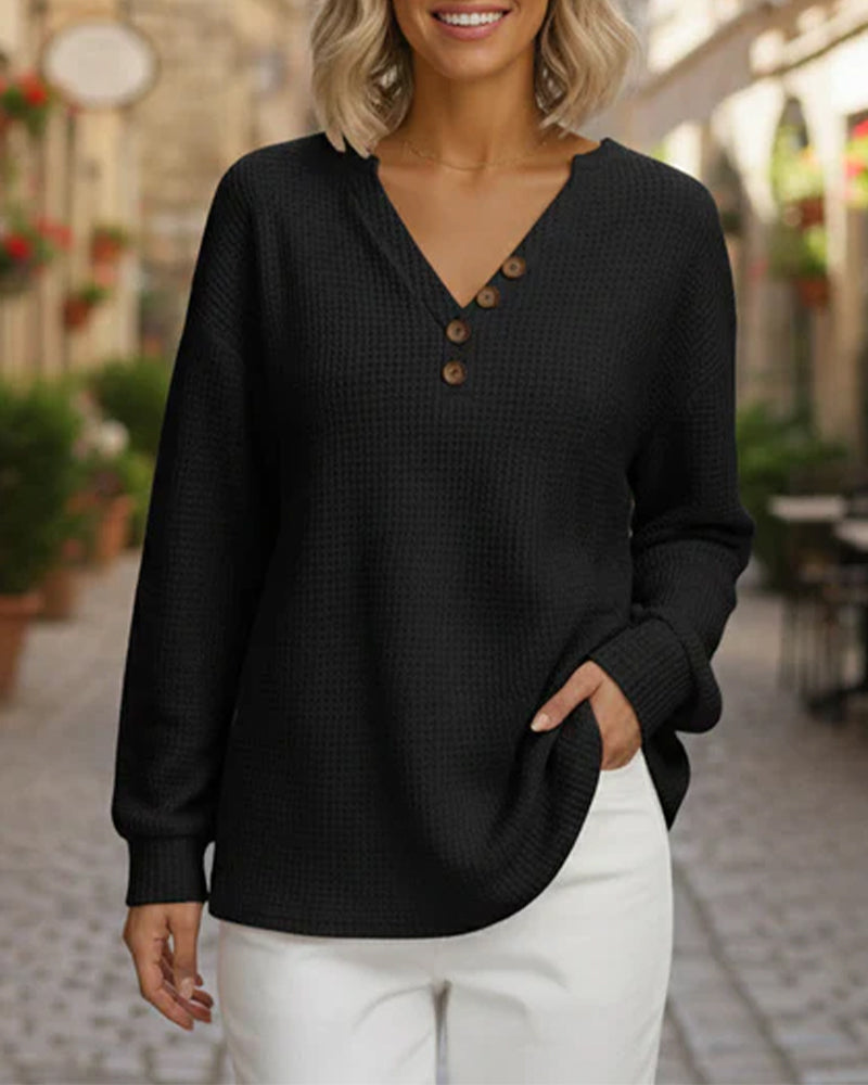 Button-Down Waffle Long-Sleeved Top