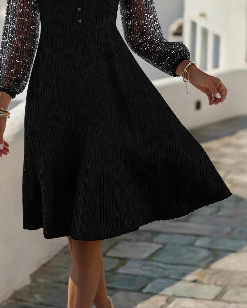 V-Neck Button Lace Patchwork Dress