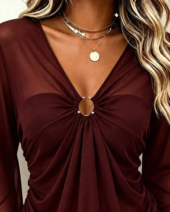 V-Neck Metal Ring Twist Blouse