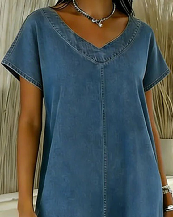 Casual V-Neck Short Sleeve Denim Dress