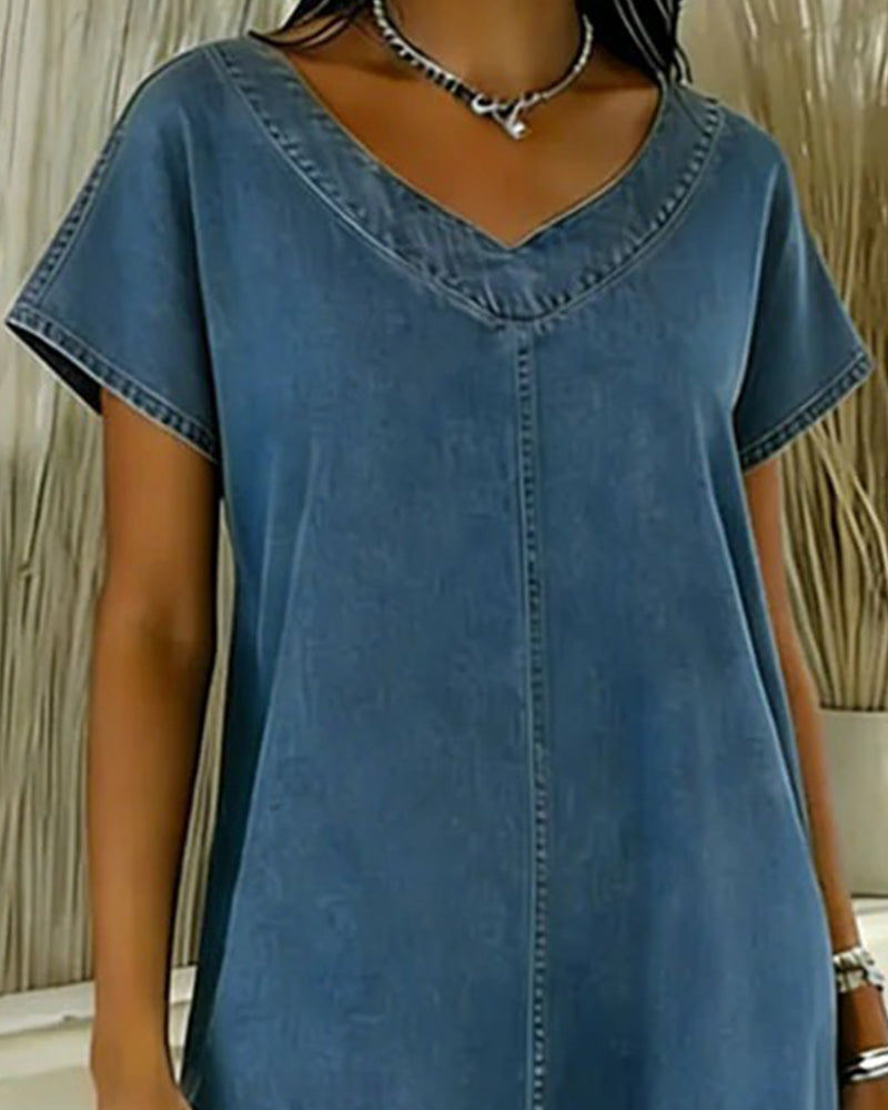 Casual V-Neck Short Sleeve Denim Dress