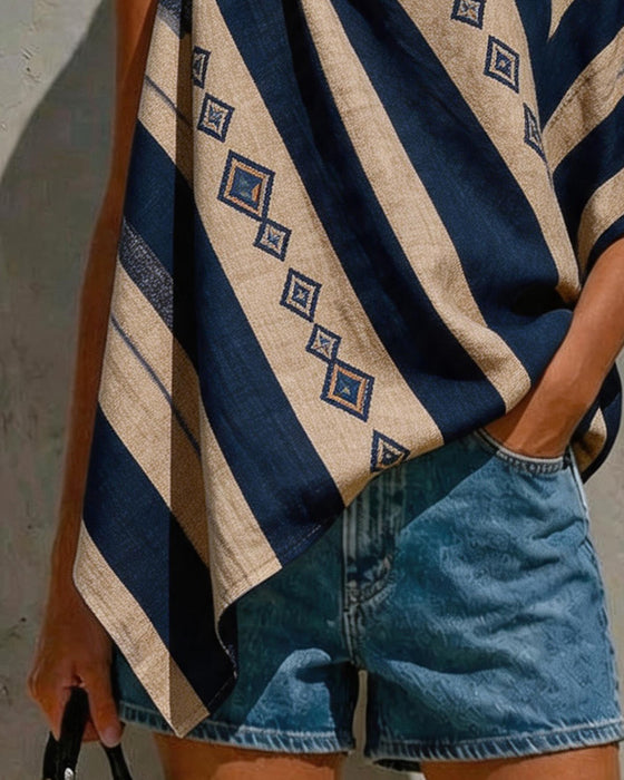 One-Shoulder Twist Diamond Stripe Blouse