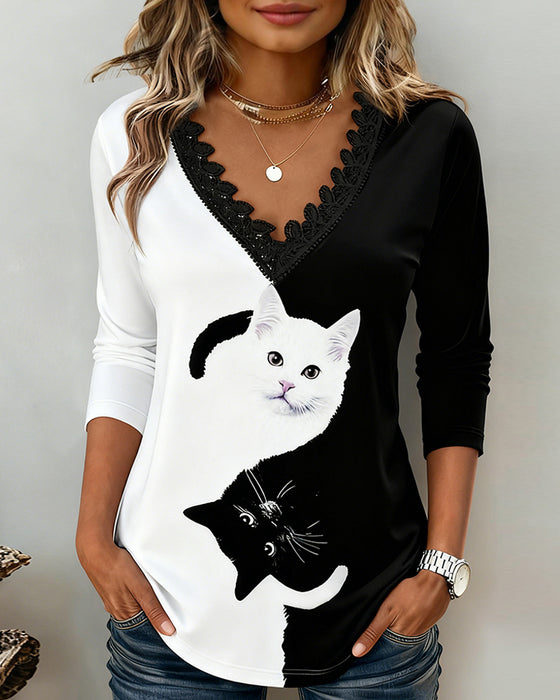 Long-Sleeved V-Neck Printed Top