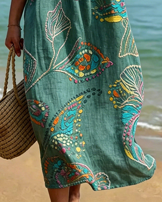 Print Round Neck Shirred Casual Dress