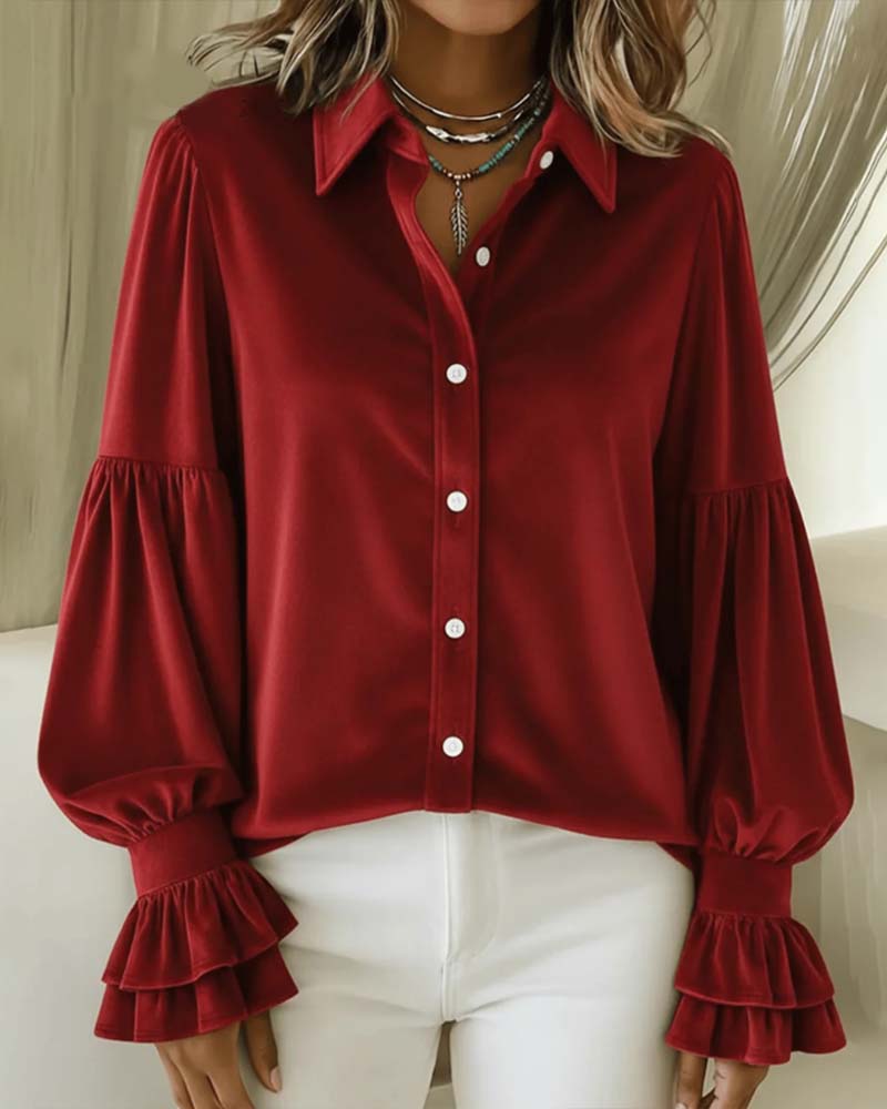 Solid Color Lapel Flared Sleeve Shirt