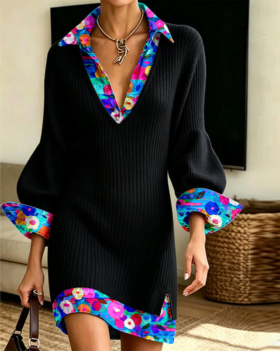 Mock Two-Piece Floral V-Lapel Knit Short Mini Dress