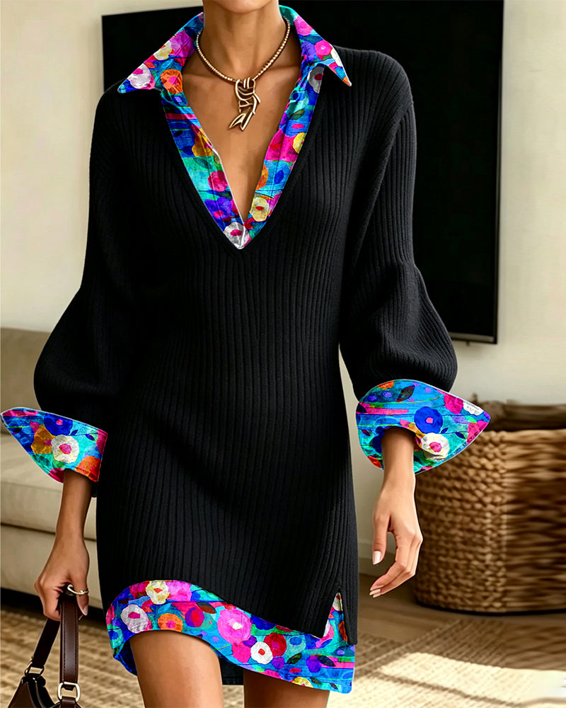 Mock Two-Piece Floral V-Lapel Knit Short Mini Dress