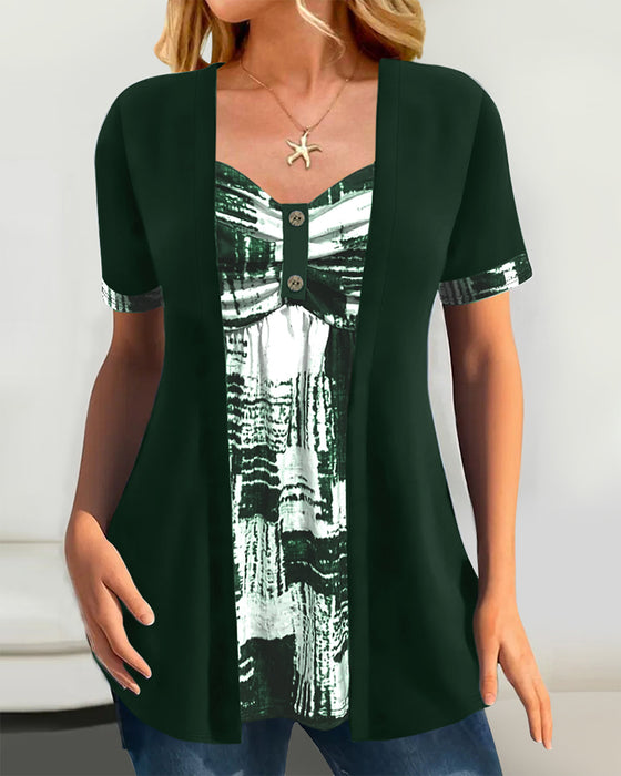 Printed Fake Two Piece Irregular Blouse