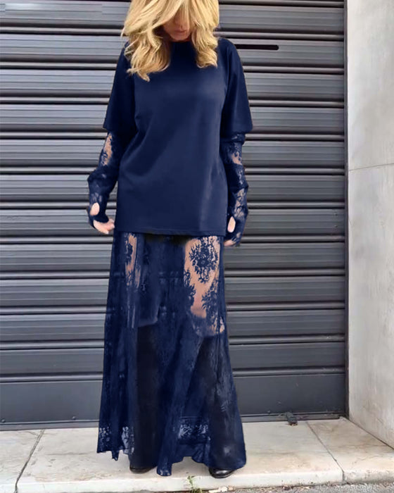 Two-piece set - solid color T-shirt and lace skirt