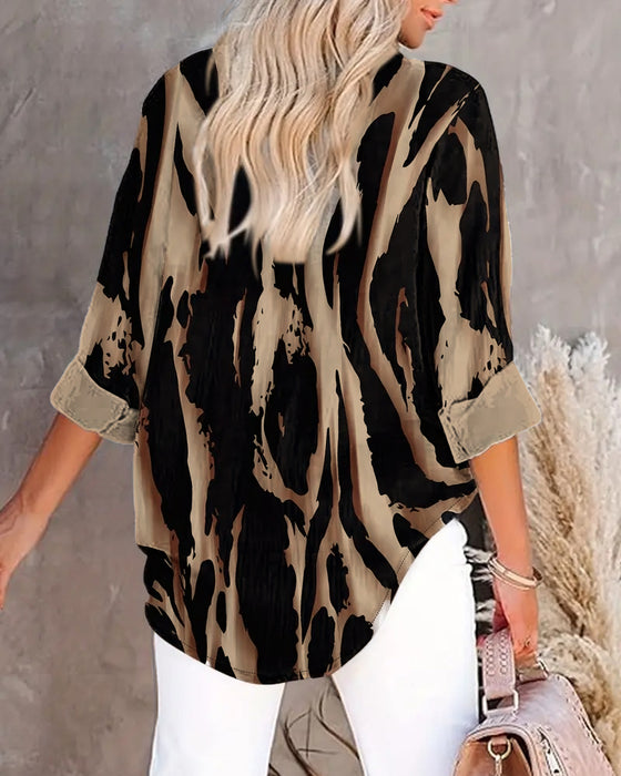 Stand Collar Irregular Printed Blouse