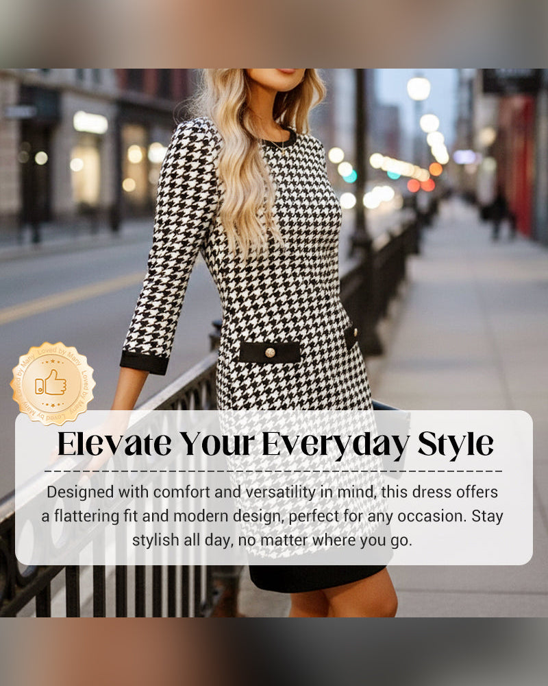 Women's Crew Neck Houndstooth Bodycon Midi Dress