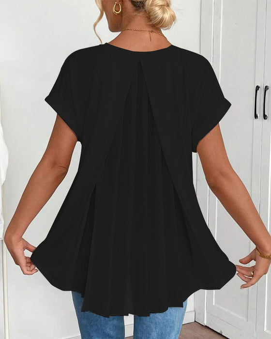 Short-Sleeved Solid Color Patchwork T-Shirt