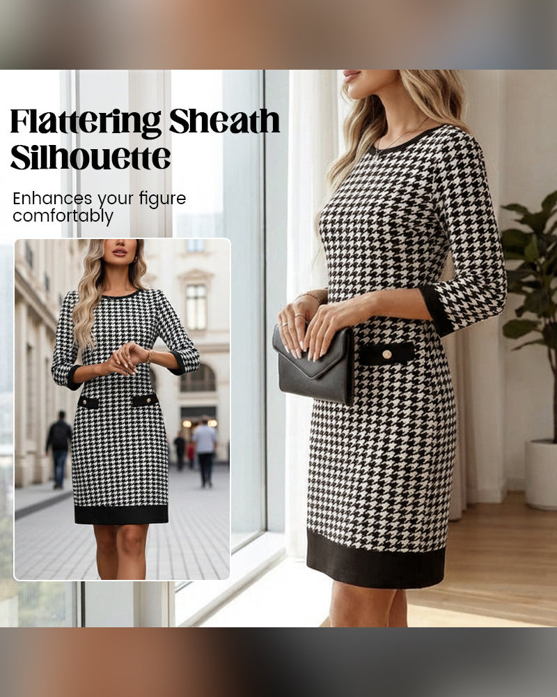 Women's Crew Neck Houndstooth Bodycon Midi Dress