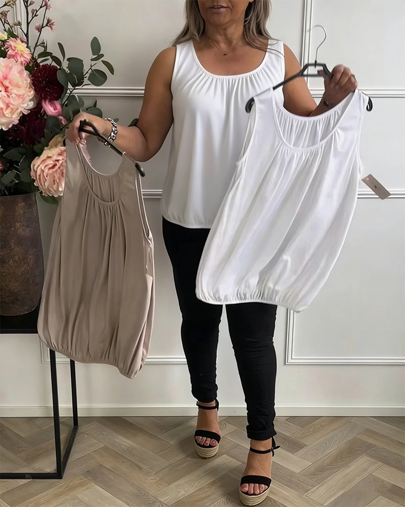 Sleeveless Solid Color Pleated Tank Top