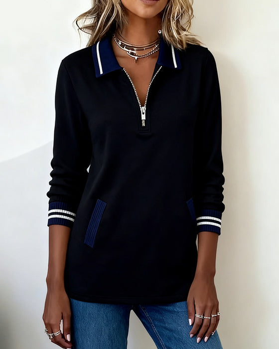 Lapel Zipper Contrast Color Loose Sweatshirt