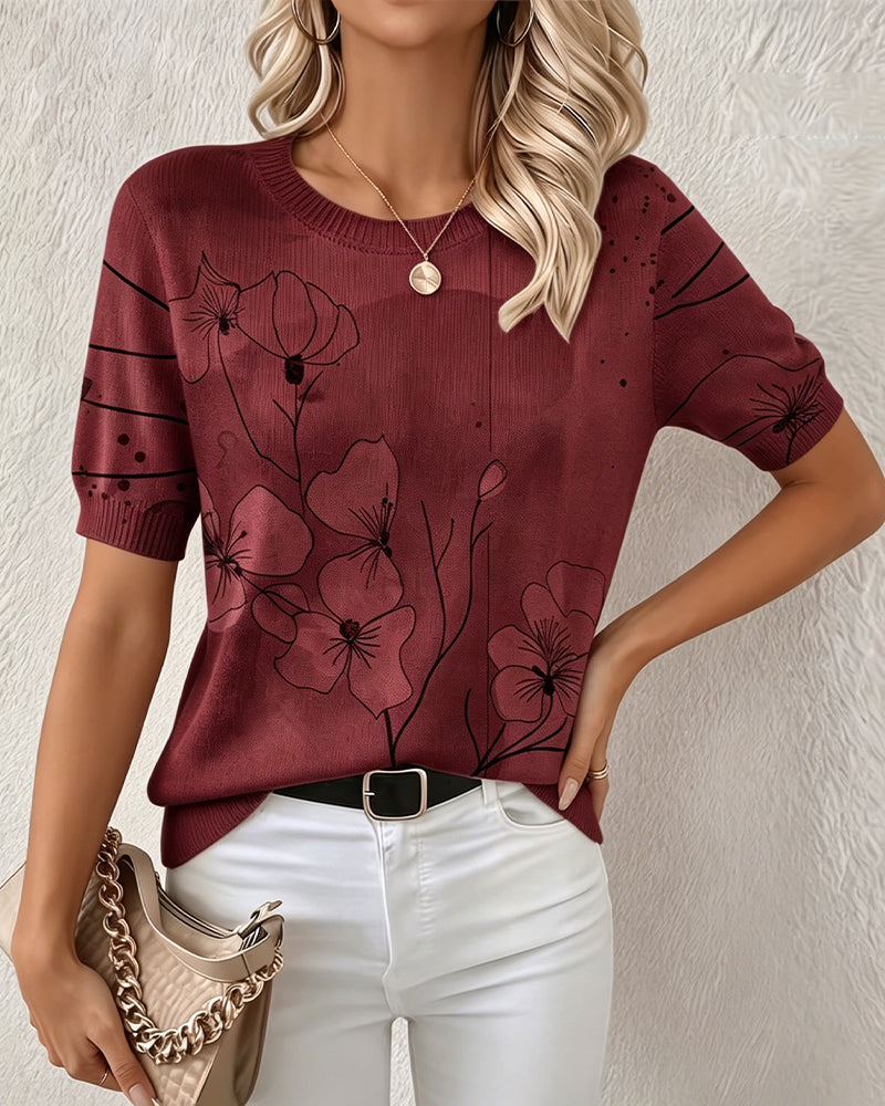Printed Short-Sleeve Knitted Jumper