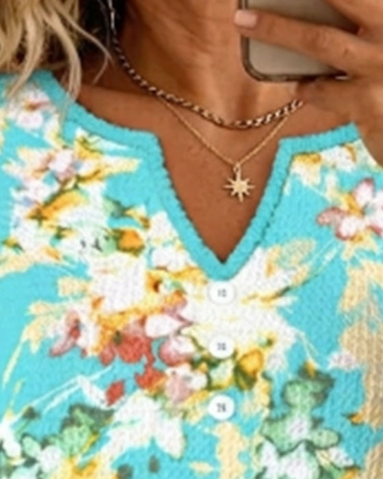 V-Neck Lace Patchwork Floral T-Shirt