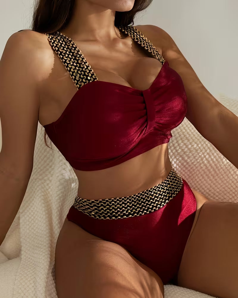 Solid Color Patchwork Suspender Bikini