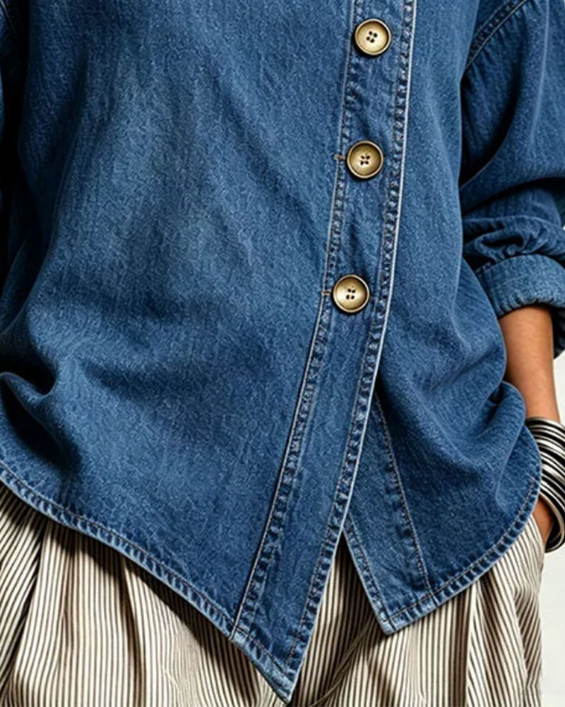 Diagonal Button Stand Collar Denim Coat