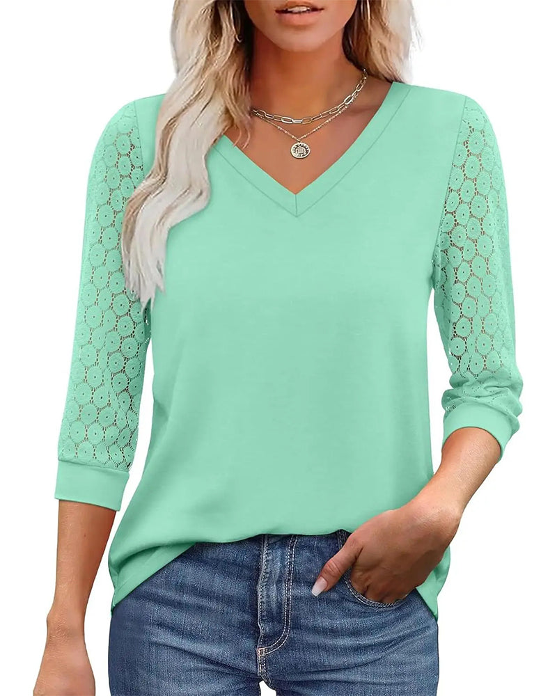 Hollow Three-Quarter Sleeve Solid Color Top