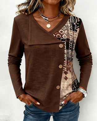 Stylish V-Neck Button-Down Printed Top