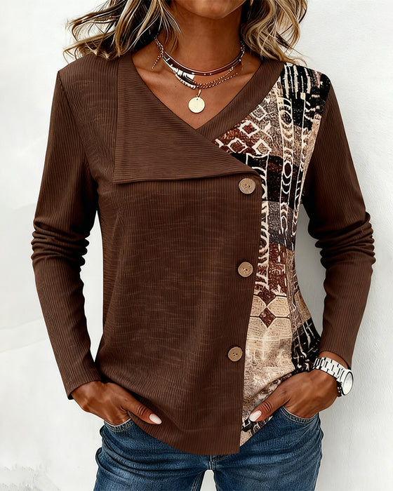 Stylish V-Neck Button-Down Printed Top